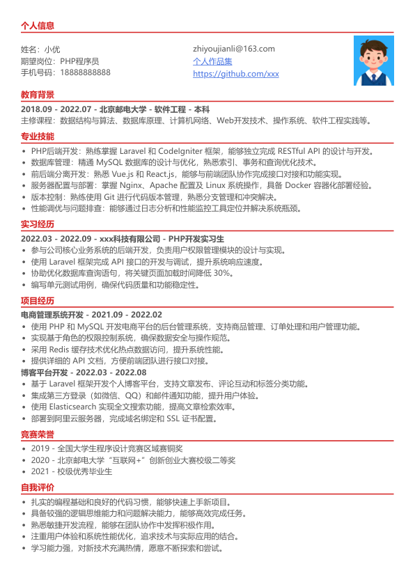php程序员求职简历模板简历模板