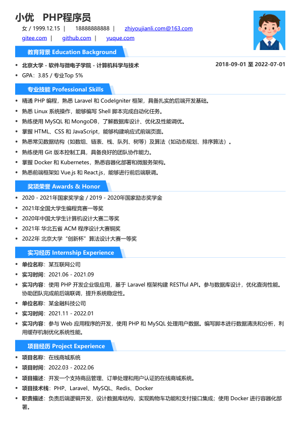 php程序员求职简历模板简历模板