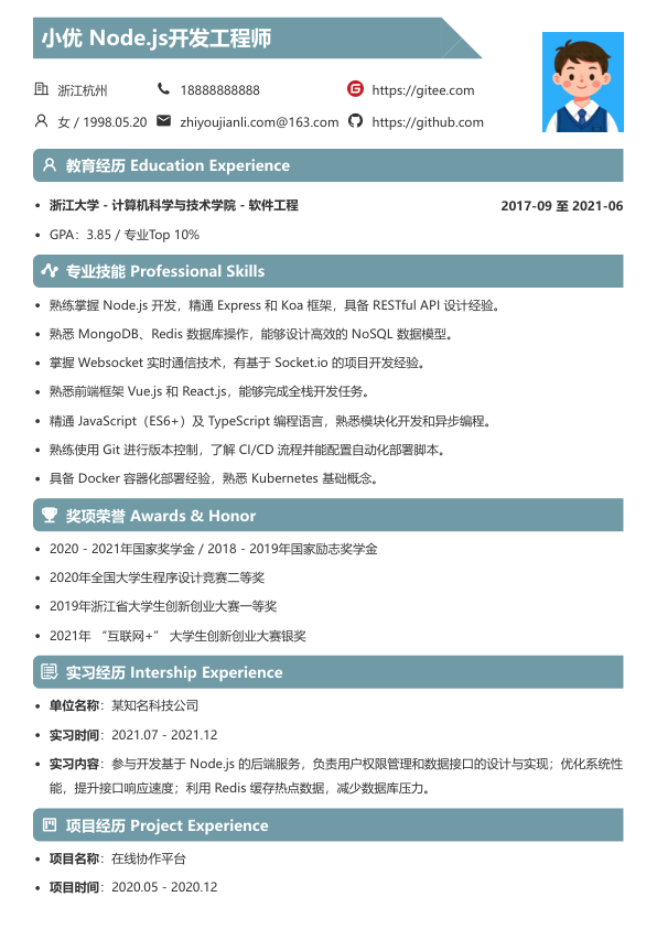 nodejs开发简历模板简历模板