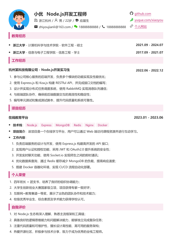nodejs简历模板简历模板