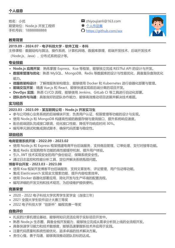 nodejs开发简历模板简历模板