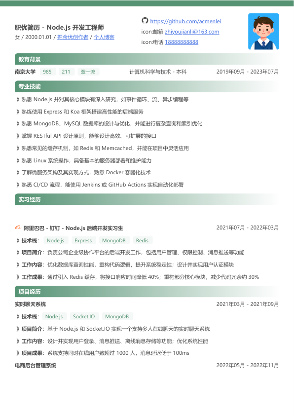 nodejs开发简历模板简历模板