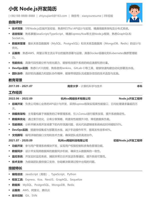 nodejs开发简历模板简历模板