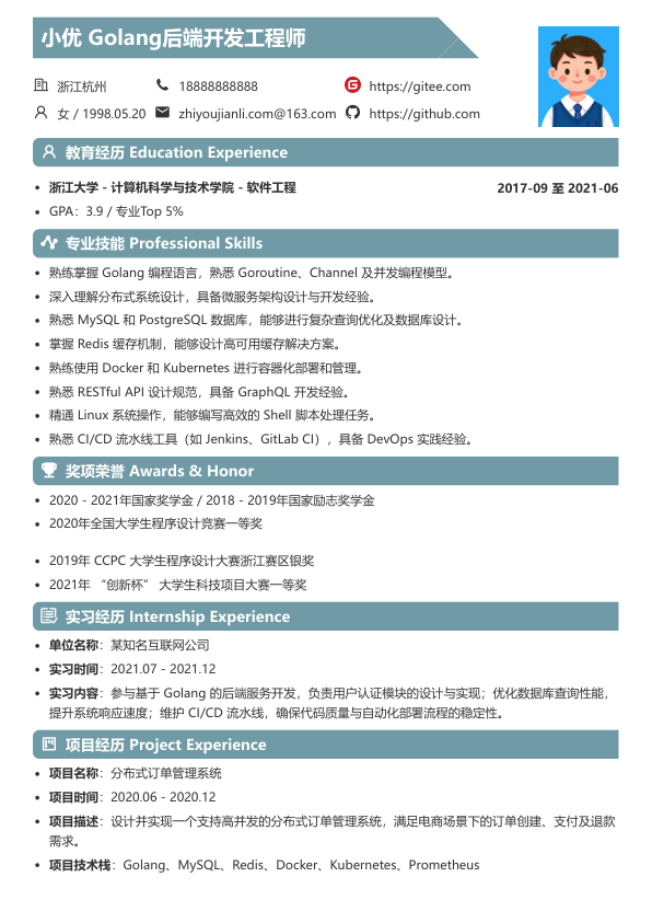 golang后端简历模板简历模板