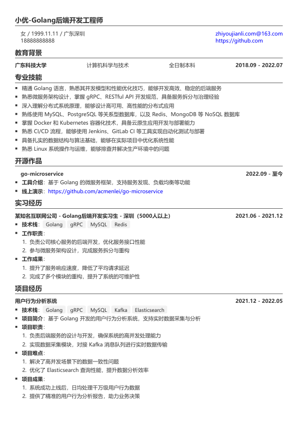 golang工程师简历模板简历模板
