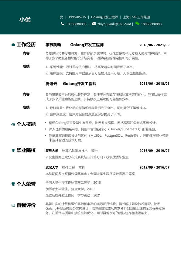 golang开发简历模板简历模板