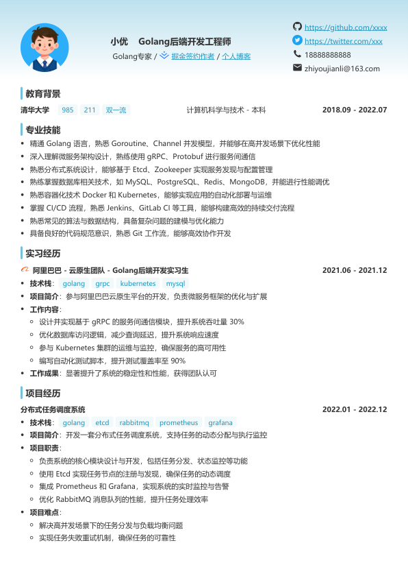 golang专业技能简历模板简历模板