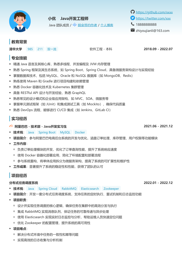 java开发工程师精编简历模版简历模板