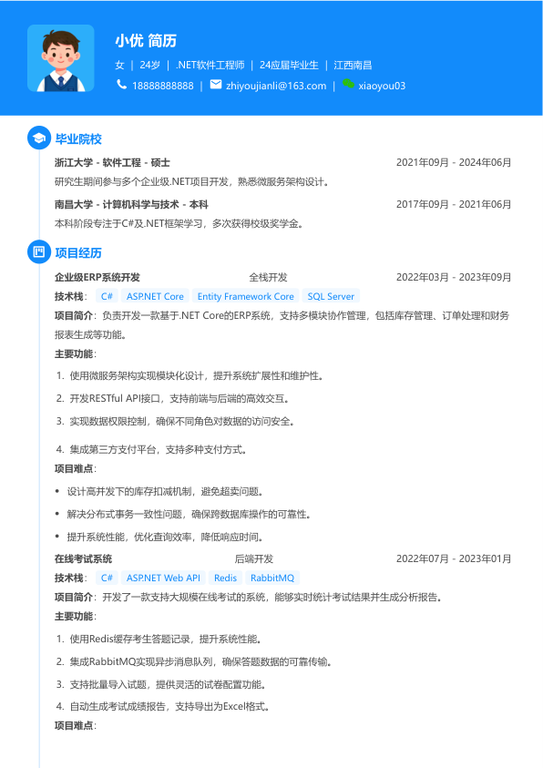 .net软件工程师简历模板简历模板