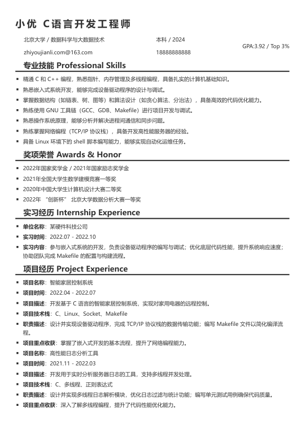 c语言岗位简历模板简历模板