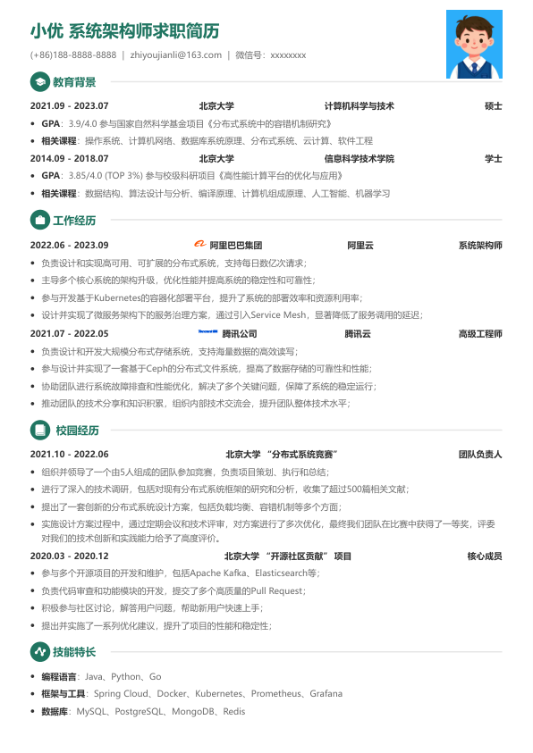 java系统架构师求职简历模版简历模板