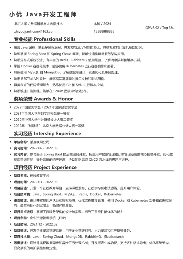 java开发工程师简历模版简历模板