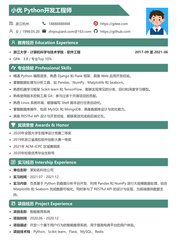 python岗位简历模版简历模板