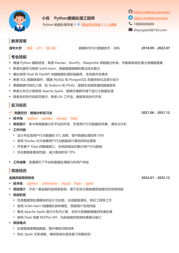 python数据处理简历模版简历模板