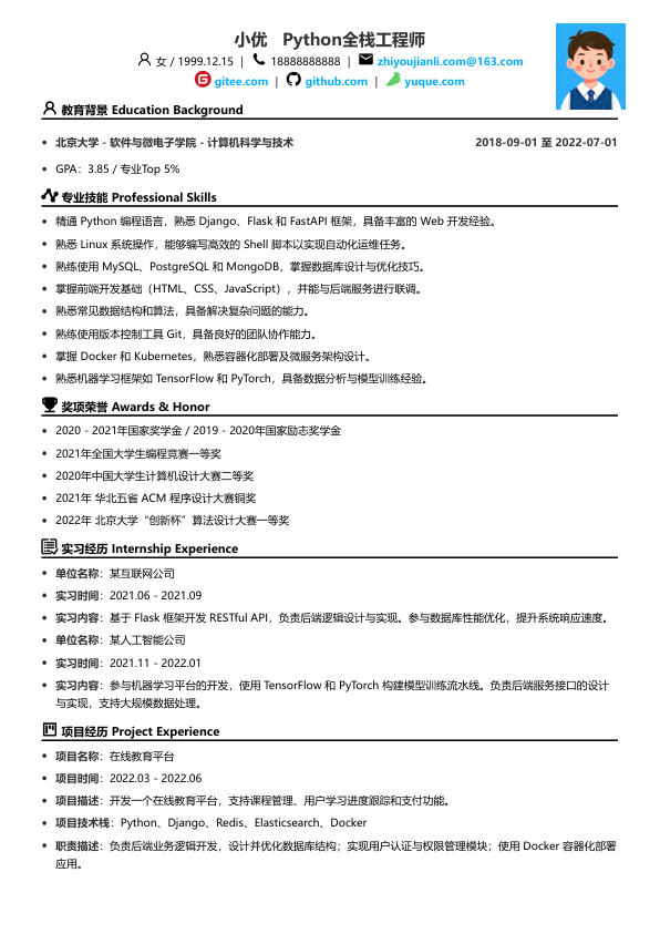 python全栈工程师简历模版简历模板
