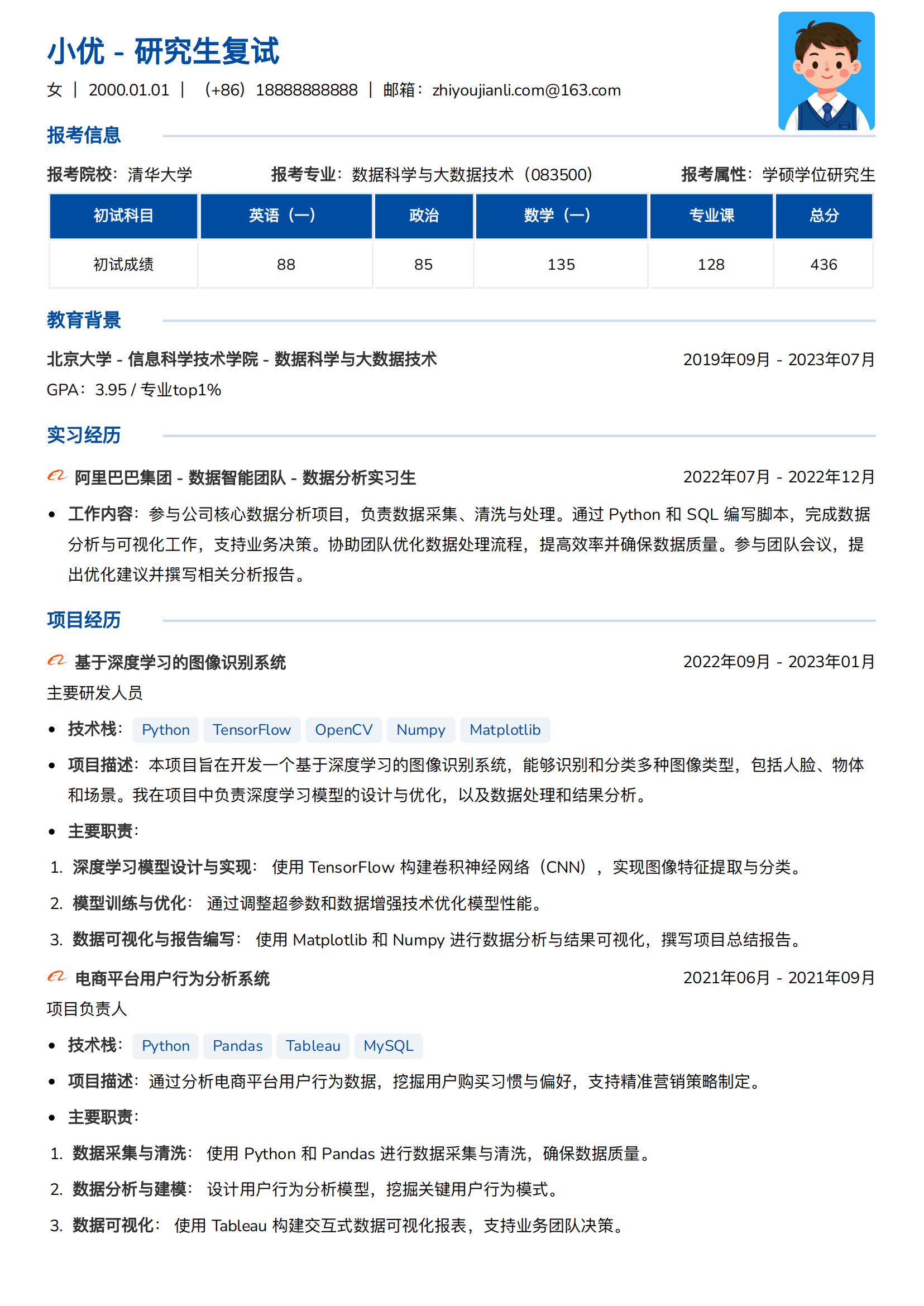 数据科学与大数据技术研究生复试简历模版简历模板